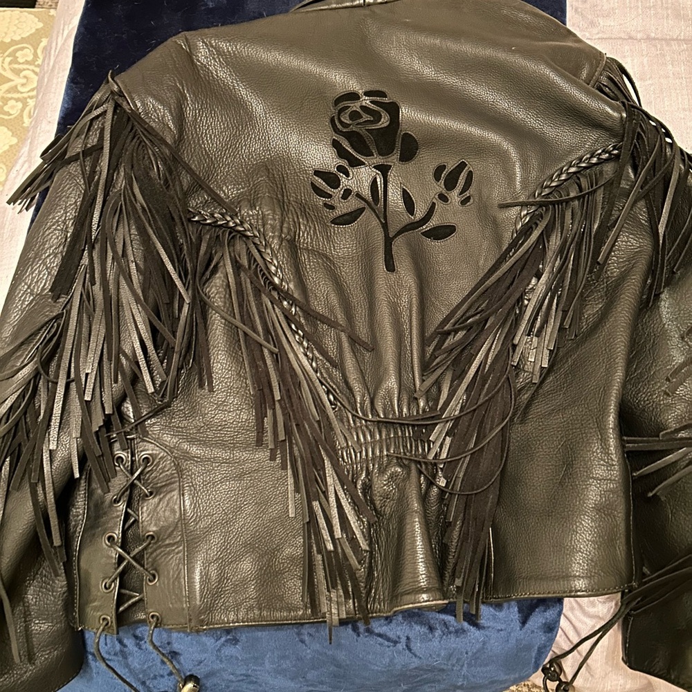 Fringed Black Leather Jacket with Rose Design